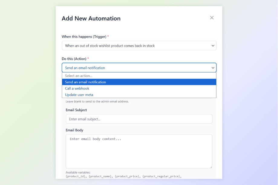 saveto-wishlist-pro-automations-visser labs - Visser Labs Setting up an automation in SaveTo Wishlist Pro to trigger an email notification when an out-of-stock wishlist item is back in stock.