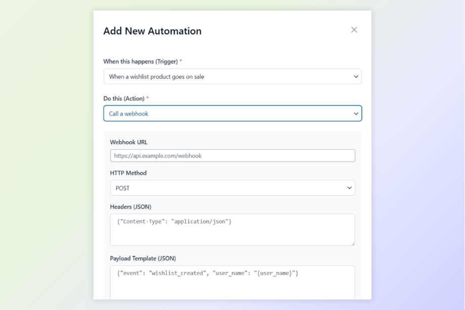saveto-wishlist-pro-automations-webhooks-visser labs - Visser Labs Webhook configuration screen in SaveTo Wishlist Pro showing JSON payload template and HTTP POST method for price drop alerts.