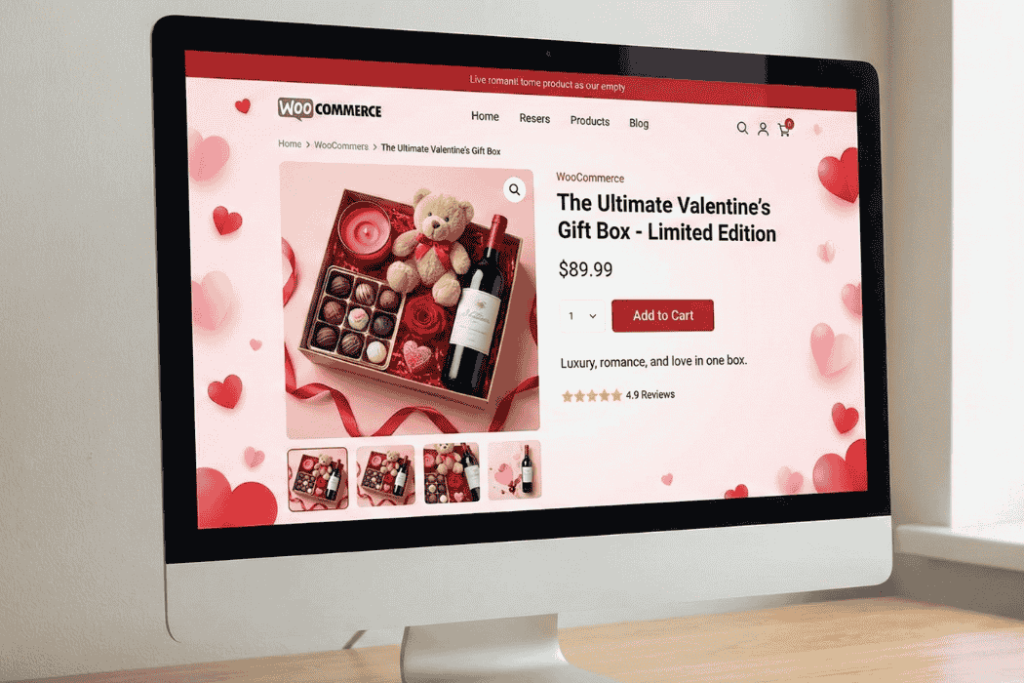 WooCommerce product page with Valentine's Day gift messaging including gift wrap options and romantic product descriptions