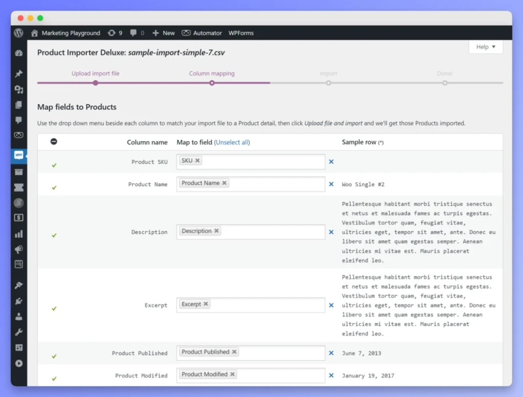 WooCommerce Product Importer Deluxe interface mapping CSV columns to product SKU, name, and description fields.