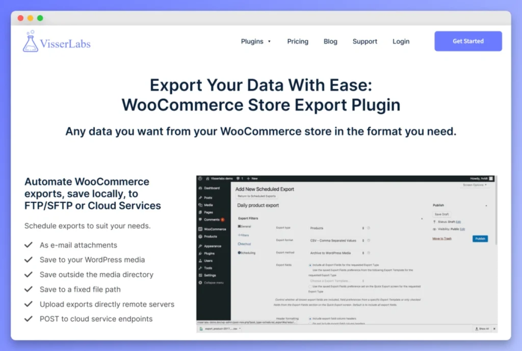 WooCommerce Store Exporter Deluxe dashboard showing scheduled export filters for products and customer data.