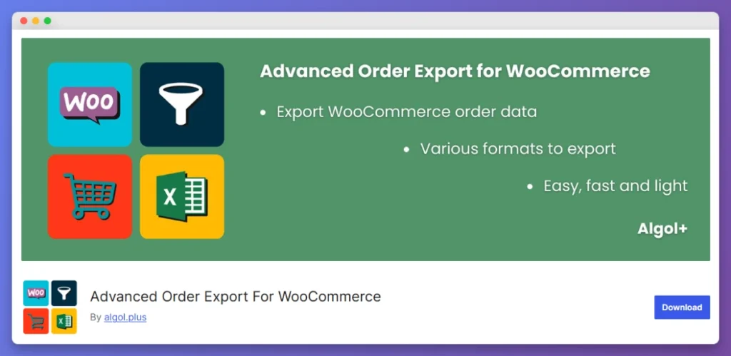 Advanced Order Export for WooCommerce banner showing Woo, filter, cart, and Excel icons with key features.