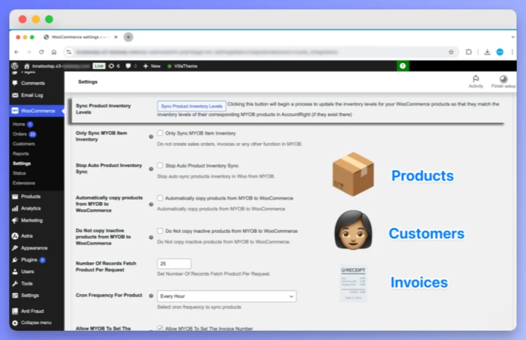 MYOB Integration for WooCommerce settings menu in WordPress for syncing products, customers, and invoices.