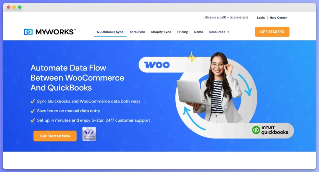 MyWorks Sync dashboard for WooCommerce and QuickBooks Online integration showing automated data flow features.