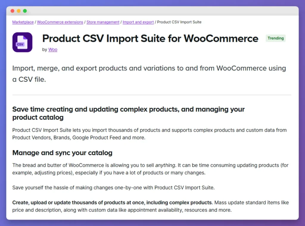 Product CSV Import Suite for WooCommerce marketplace listing for importing and exporting product variations.
