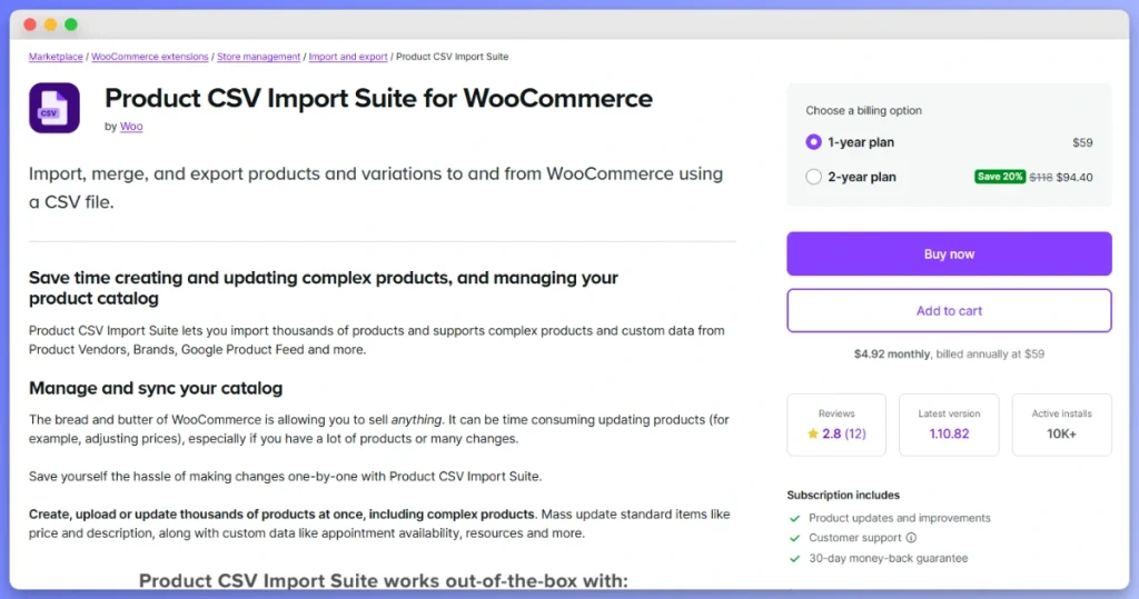 Official Product CSV Import Suite for WooCommerce product page on the WooCommerce marketplace.