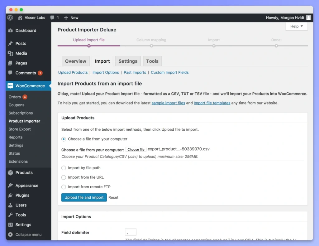 Product Importer Deluxe interface showing CSV file upload and import method options for WooCommerce.