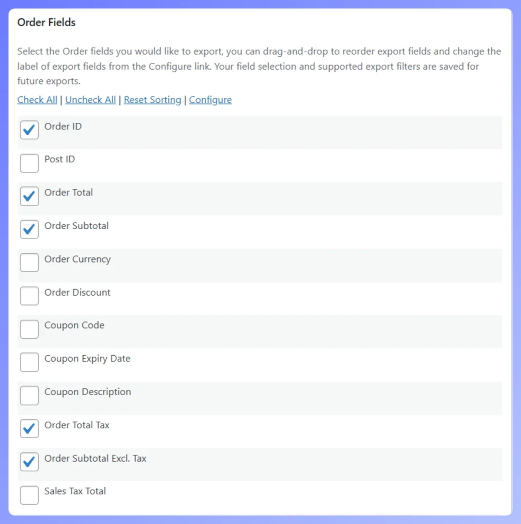 WooCommerce Store Exporter Deluxe interface showing selectable order fields for CSV and XML export.