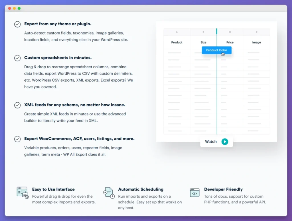 WP All Export plugin feature list highlighting custom spreadsheets, XML feeds, and drag-and-drop interface.