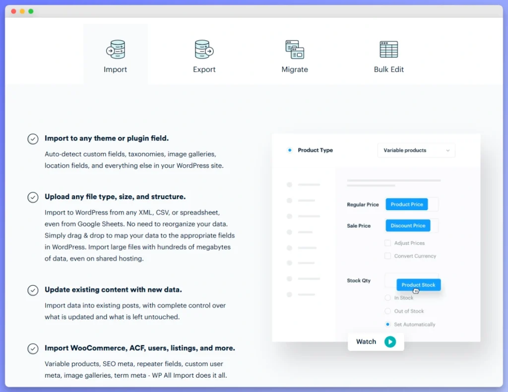 WP All Import drag and drop interface mapping WooCommerce product fields like price and stock quantity