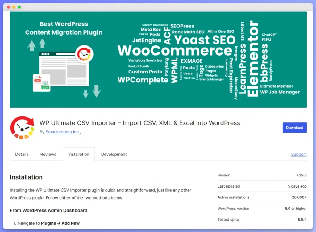 WP Ultimate CSV Importer plugin page highlighting compatibility with WooCommerce, Yoast SEO, and Elementor