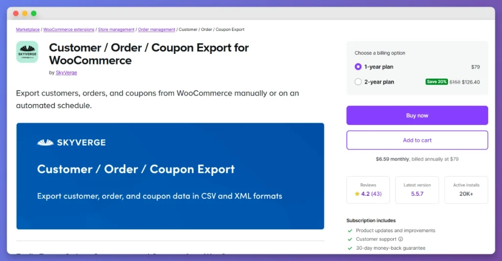 WooCommerce Customer Order and Coupon Export marketplace page with SkyVerge logo and subscription pricing.