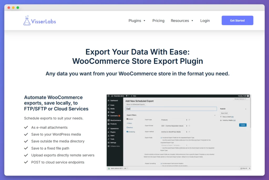 Store Exporter Deluxe dashboard showing automated WooCommerce data export settings and scheduling options.