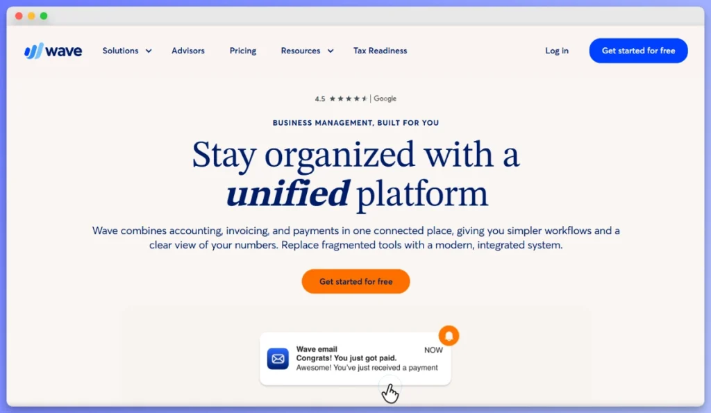 Wave accounting platform homepage highlighting unified business management and payment notifications.