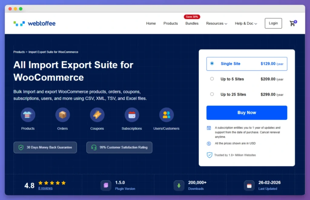 WebToffee WooCommerce Export Suite website showing bar and line chart reporting and file format options.