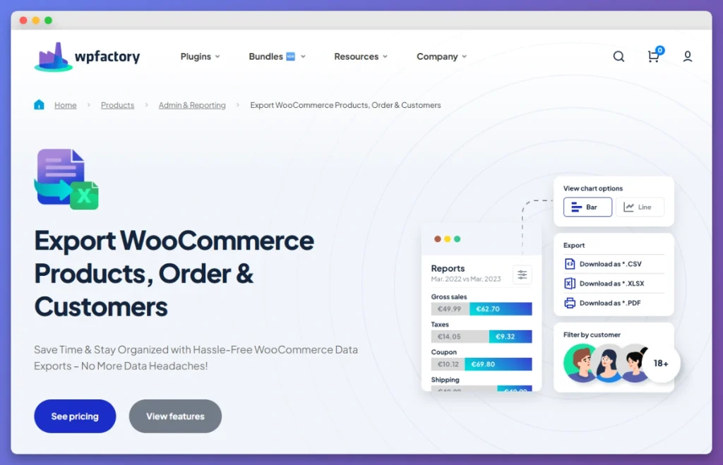 WPFactory Export WooCommerce landing page featuring product, order, and customer data export highlights.