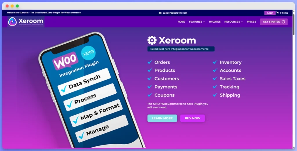 Xeroom WooCommerce Xero integration plugin features list including orders, inventory, and tax syncing.