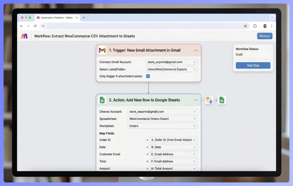 Screenshot of a desktop editor showing a Gmail trigger and Google Sheets action for a WooCommerce CSV workflow.