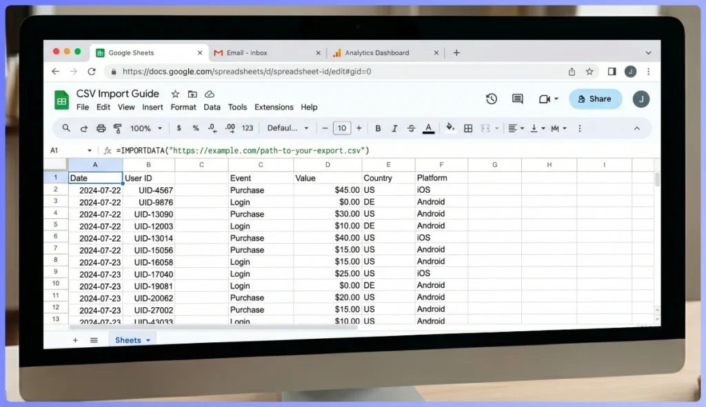 Spreadsheet on a laptop screen showing Google Sheets CSV Import Guide with columns Date, User ID, Event, Value, Country, Platform (data rows visible)