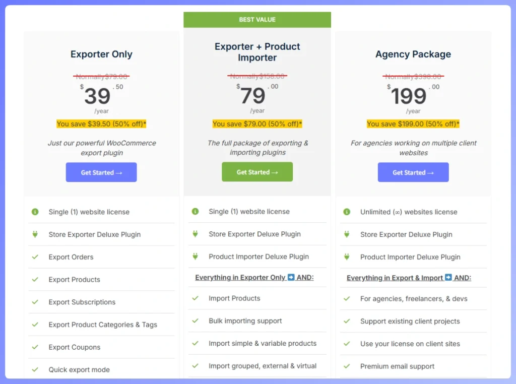 pricing plans-visserlabs-1200w - Visser Labs Store Exporter Deluxe pricing tiers for Exporter Only, Exporter plus Product Importer, and Agency Package