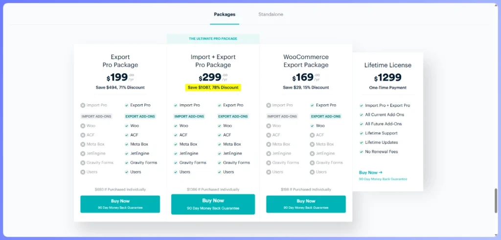 pricing plans-wp all export-visser labs - Visser Labs WP All Export pricing plans for Export Pro, Import and Export Pro, and WooCommerce Export packages