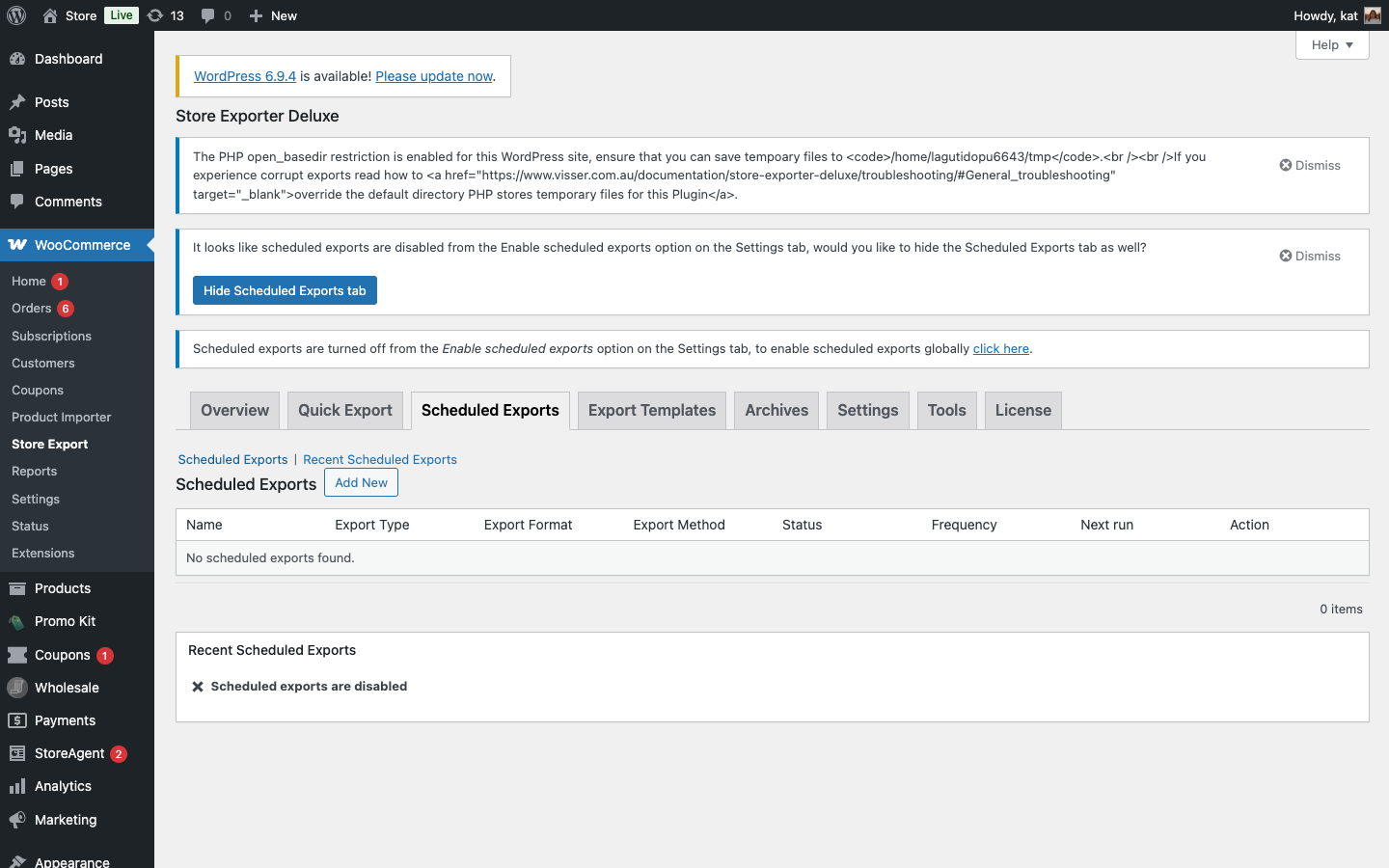Store Exporter Deluxe Scheduled Exports tab for automating WooCommerce subscription exports