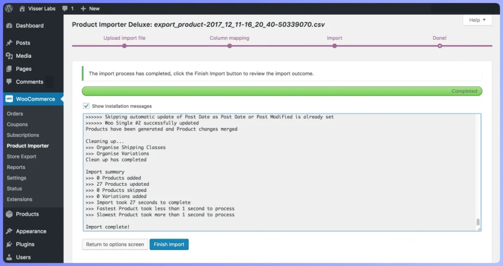 WooCommerce product import log showing successful CSV processing, product updates, and execution time summary.