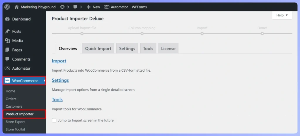 Product Importer Deluxe overview page in WordPress showing import, settings, and tools options for WooCommerce.