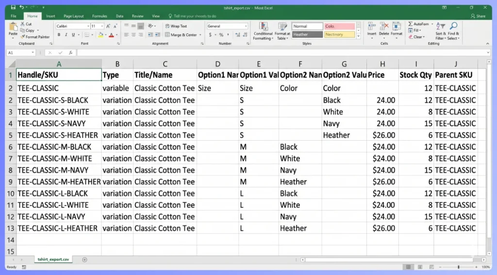 Spreadsheet example of a t-shirt with 12 variations showing distinct SKUs and stock levels.