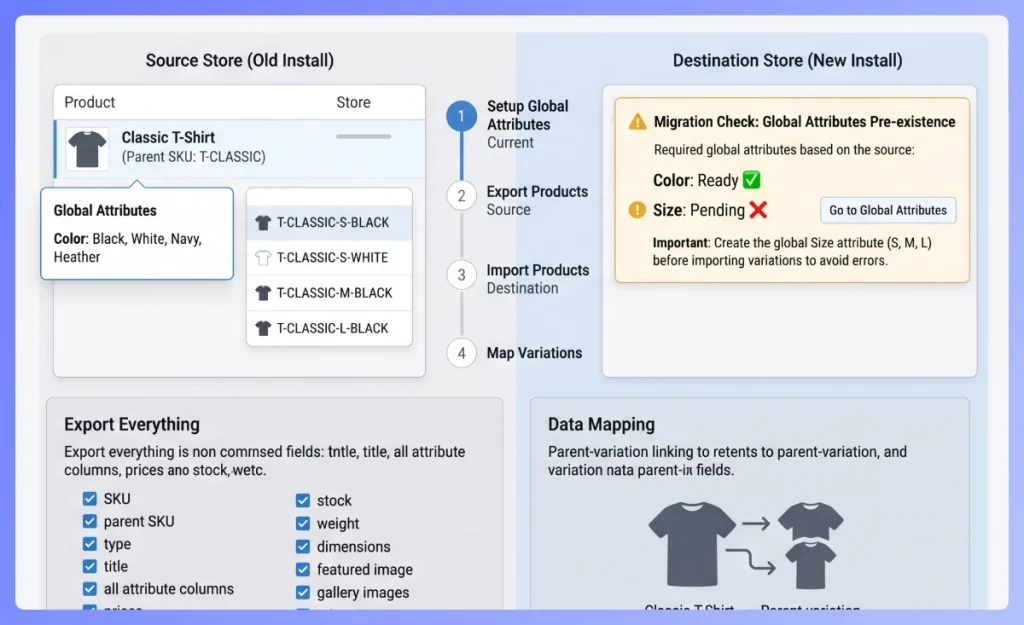 WooCommerce migration export settings with all product attribute and metadata fields selected.
