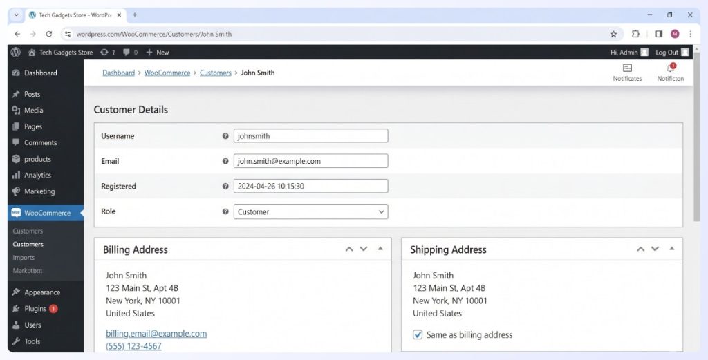 WooCommerce Customer Details page - Visser Labs WooCommerce customer details page in WordPress admin showing John Smith's profile, with username, email, registered date and role, plus billing and shipping addresses in panels