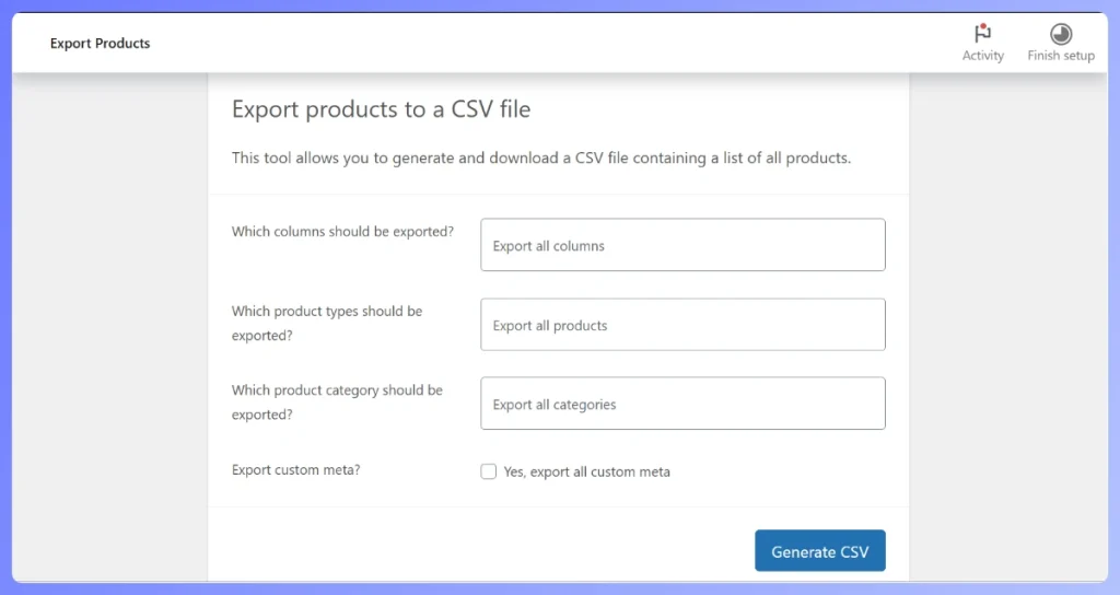 Built-in WooCommerce product export tool interface in the WordPress dashboard.