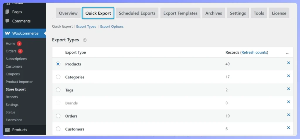 WooCommerce admin: Quick Export tab showing export types and record counts (Products 49, Categories 17, Tags 2, Orders 19, Customers 6).