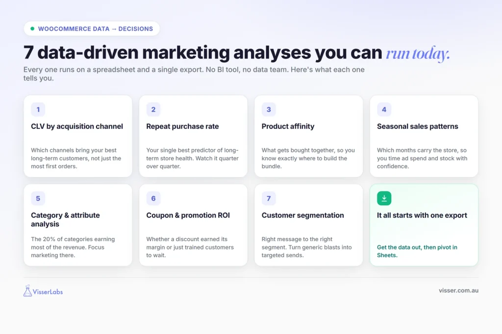 7-marketing-analyses - Visser Labs Hero graphic showing 7 rounded tiles of data analyses you can run today, plus a final export tile on the right (It all starts with one export).