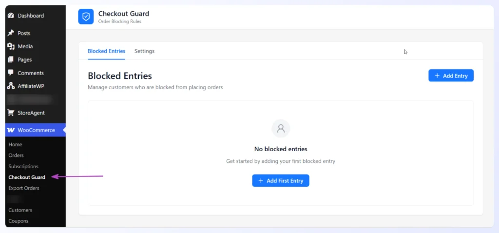 Checkout guard-woocommerce - Visser Labs Checkout Guard listed under the WooCommerce menu in the WordPress admin sidebar