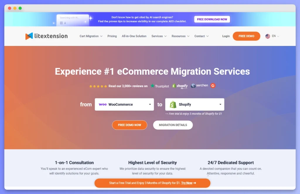 Litextension hero banner: gradient orange-to-purple background with the headline 'Experience #1 eCommerce Migration Services' and a WooCommerce to Shopify migration form with CTA buttons.