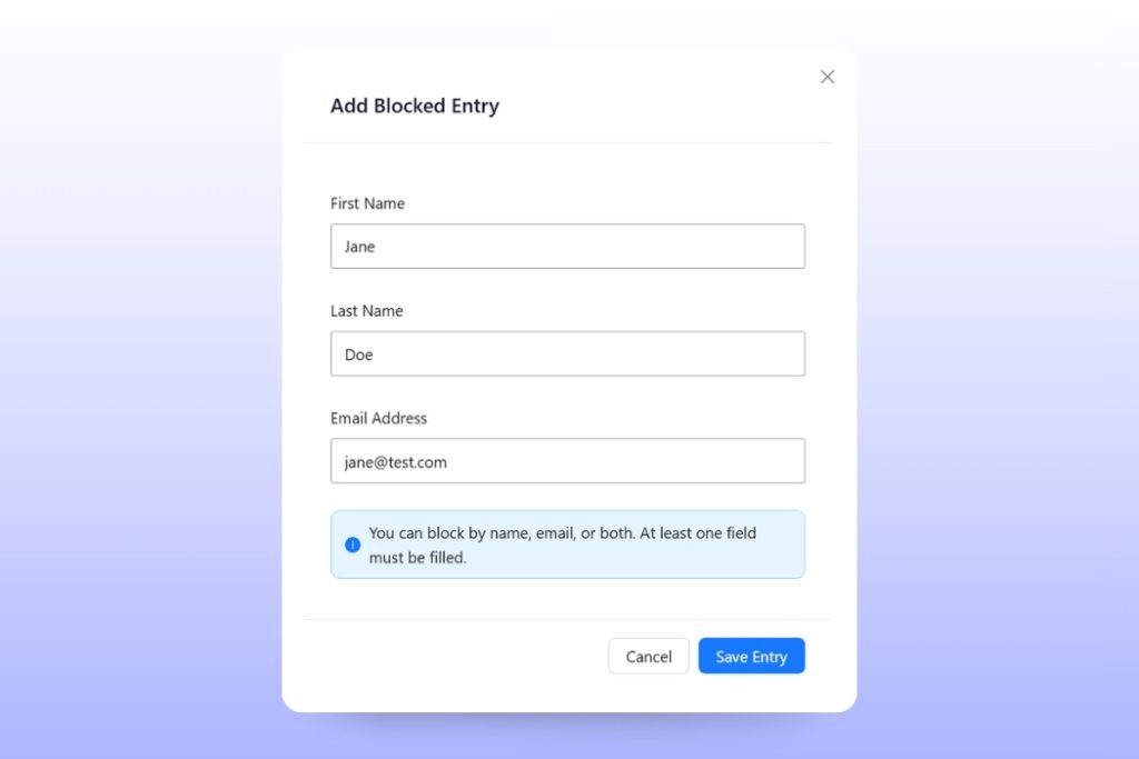 add blocked entry-checkout guard - Visser Labs Modal titled'Add Blocked Entry' with fields: First Name Jane, Last Name Doe, Email jane@test.com; blue info box about blocking by name or email; Cancel and Save Entry buttons.