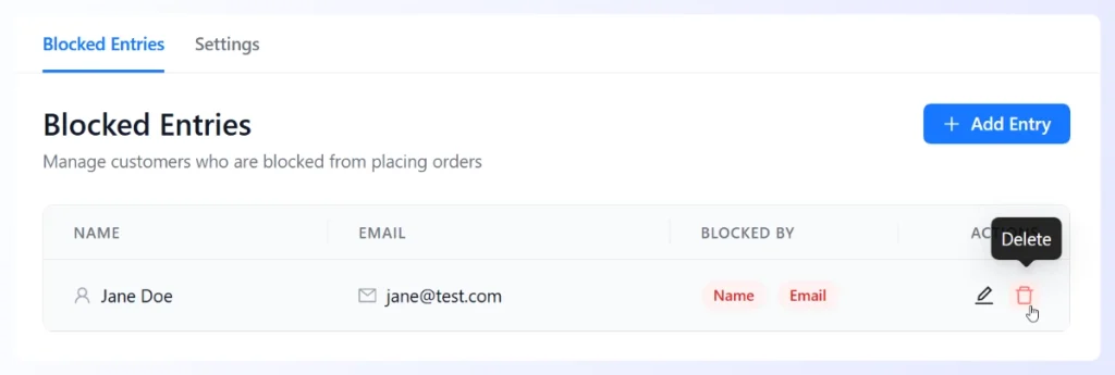blocked entries list-checkout guard - Visser Labs Checkout Guard Blocked Entries list showing a blocked customer tagged by Name and Email