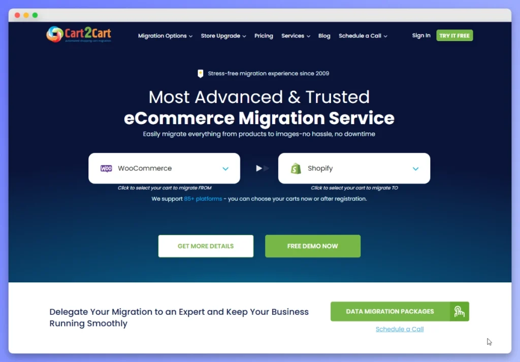 Hero section of Cart2Cart: 'Most Advanced & Trusted eCommerce Migration Service' with WooCommerce and Shopify selectors and call-to-action buttons (Get More Details, Free Demo Now)