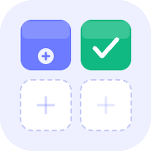 Grid of four rounded squares: top-left blue with a small white plus in a circle, top-right green with a white checkmark; bottom row shows two empty dashed placeholders with plus signs to add items.