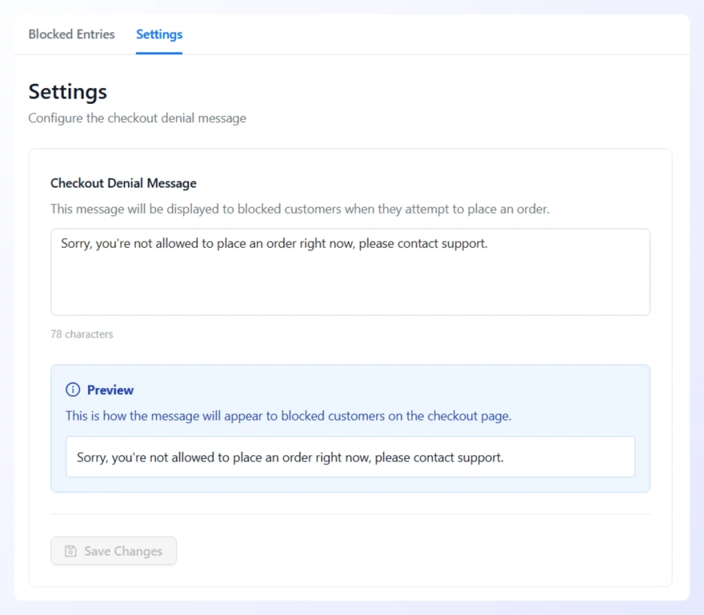 settings-Checkout guard-woocommerce - Visser Labs Checkout Guard Settings tab showing the checkout denial message field and a live preview