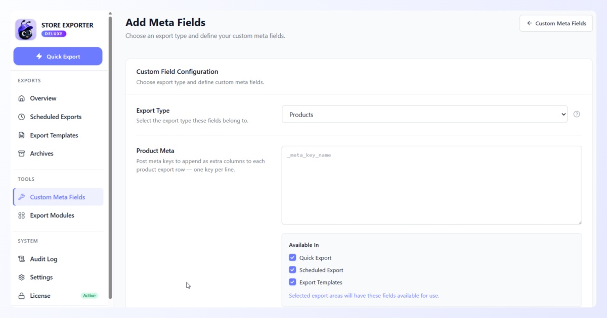 Add Meta Fields form for product meta keys with availability options