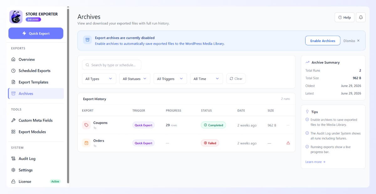 Archives screen showing export history with trigger, status, date, and file size