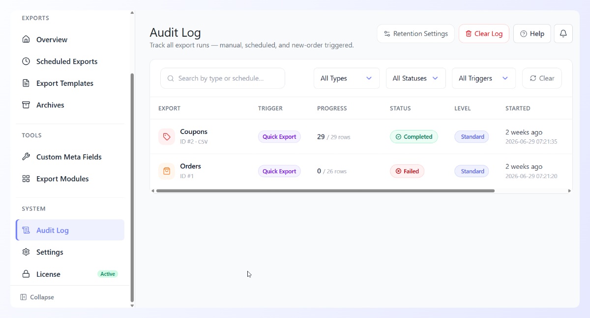 Audit Log tracking export runs with trigger, status, level, and start time