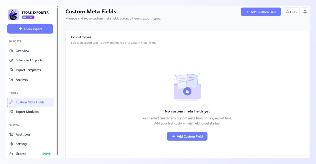 Custom Meta Fields screen for managing reusable meta fields across export types