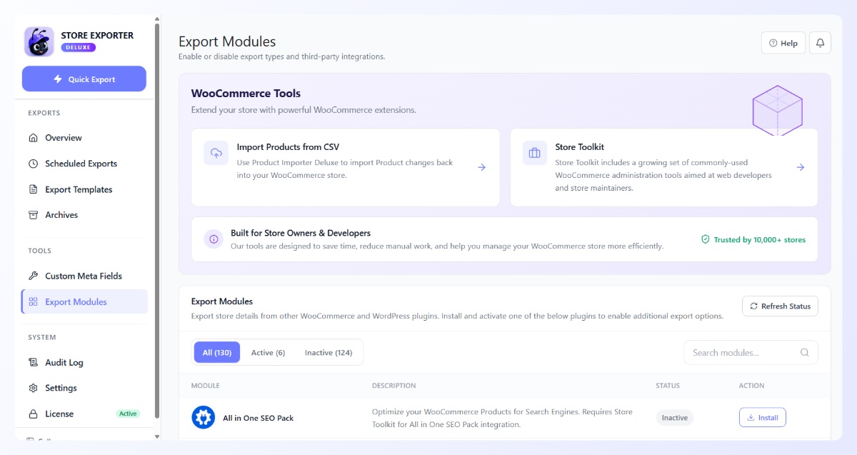 Export Modules screen listing WooCommerce tools and export integrations