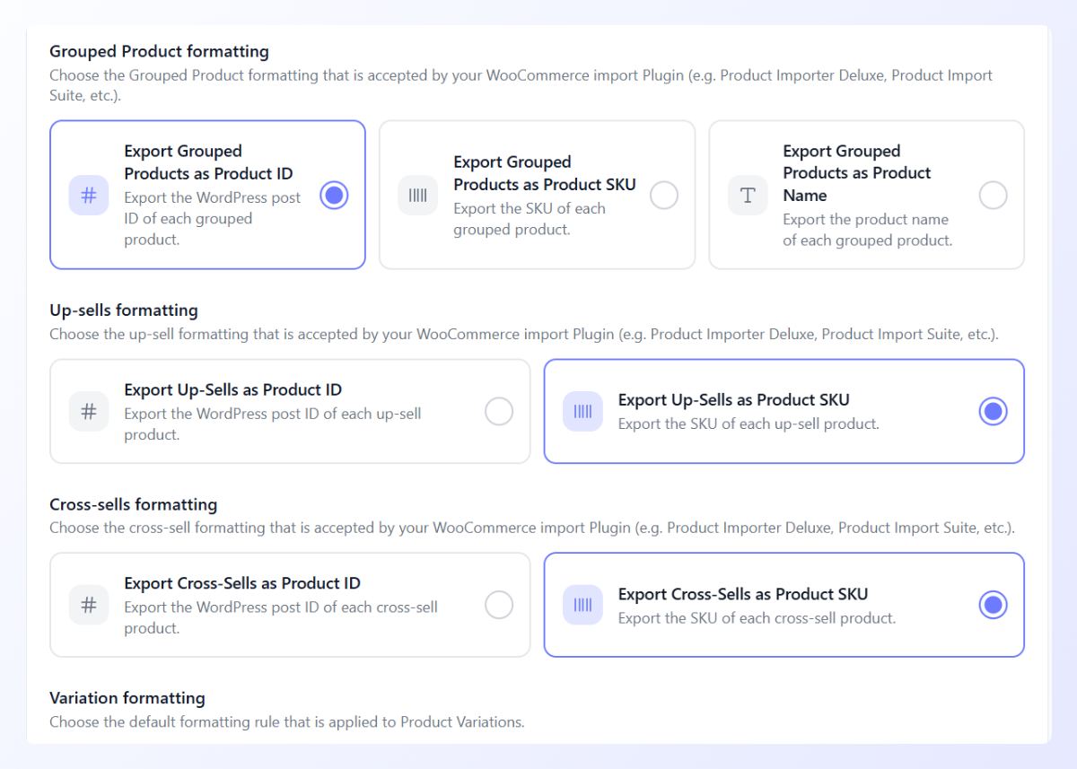 Export options with import-compatible product ID and SKU formatting for grouped products, up-sells, and cross-sells