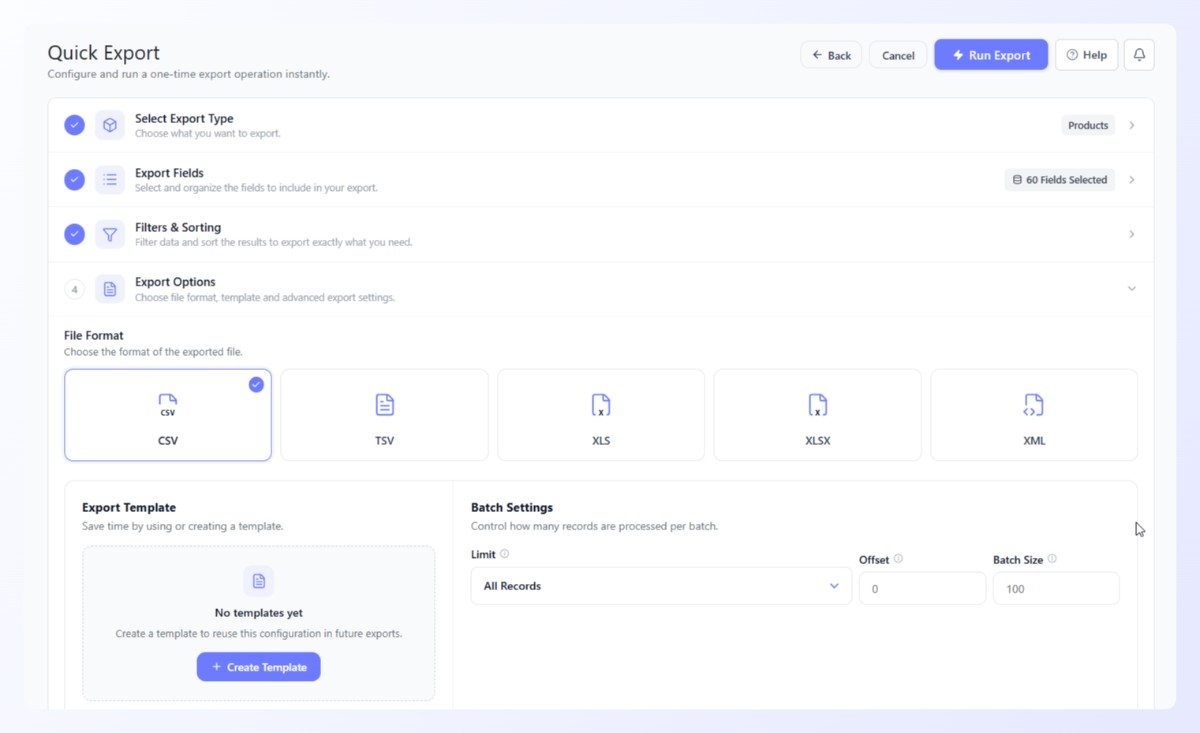 Quick Export options showing file format choices and batch settings