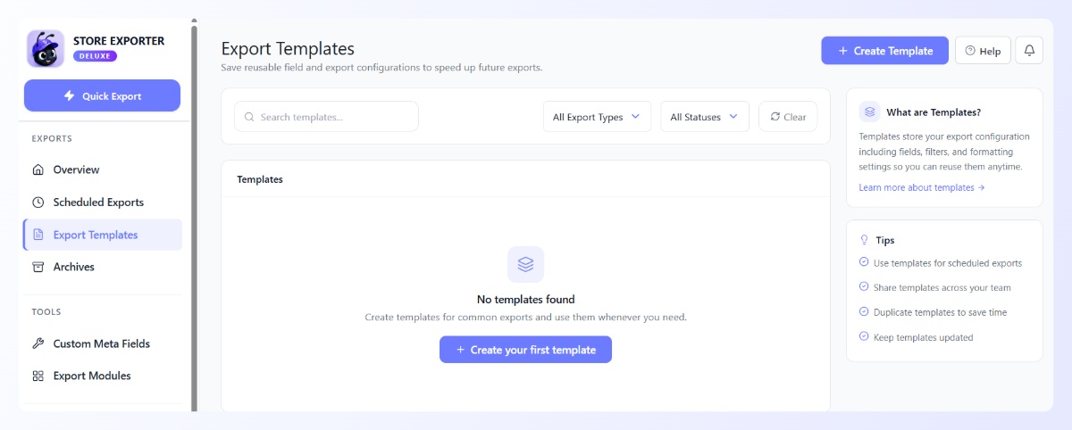 Export Templates screen for saving and reusing export configurations