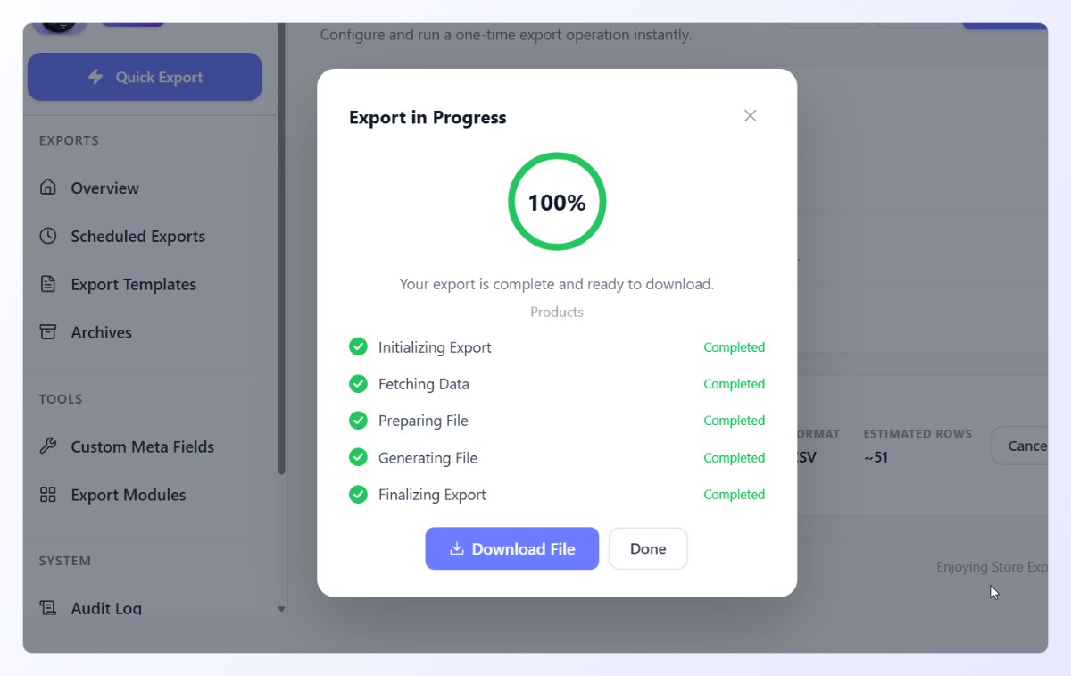 Export in progress modal showing a live progress ring and step-by-step status